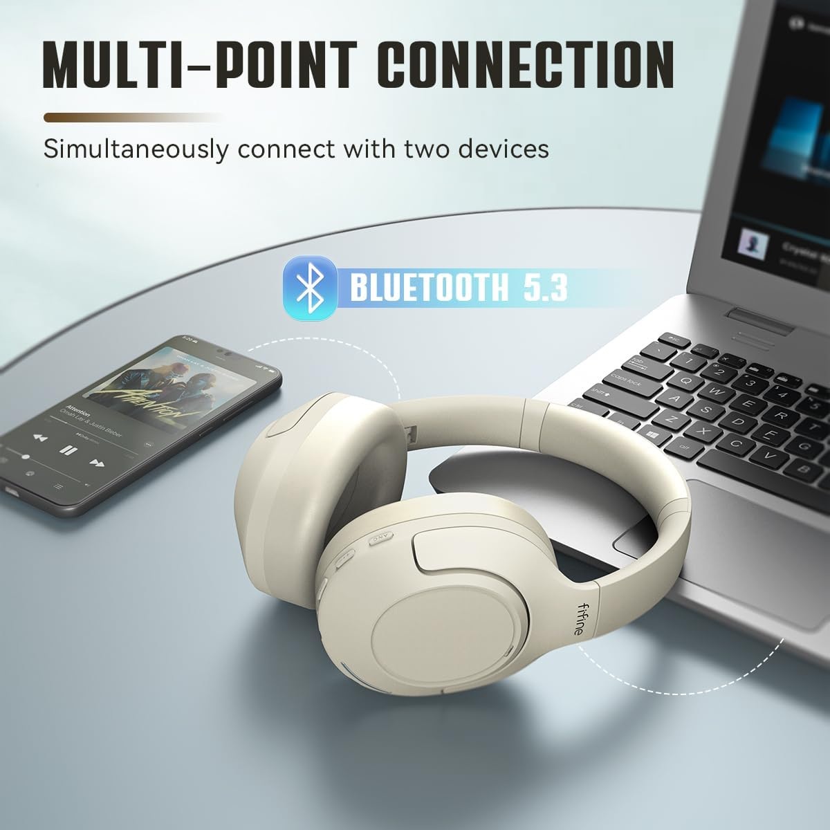 FIFINE X3W Over-ear Wireless Headphone with Active Noise Canceling, Bluetooth 5.3, Three Modes, Detachable Boom Microphone (White)