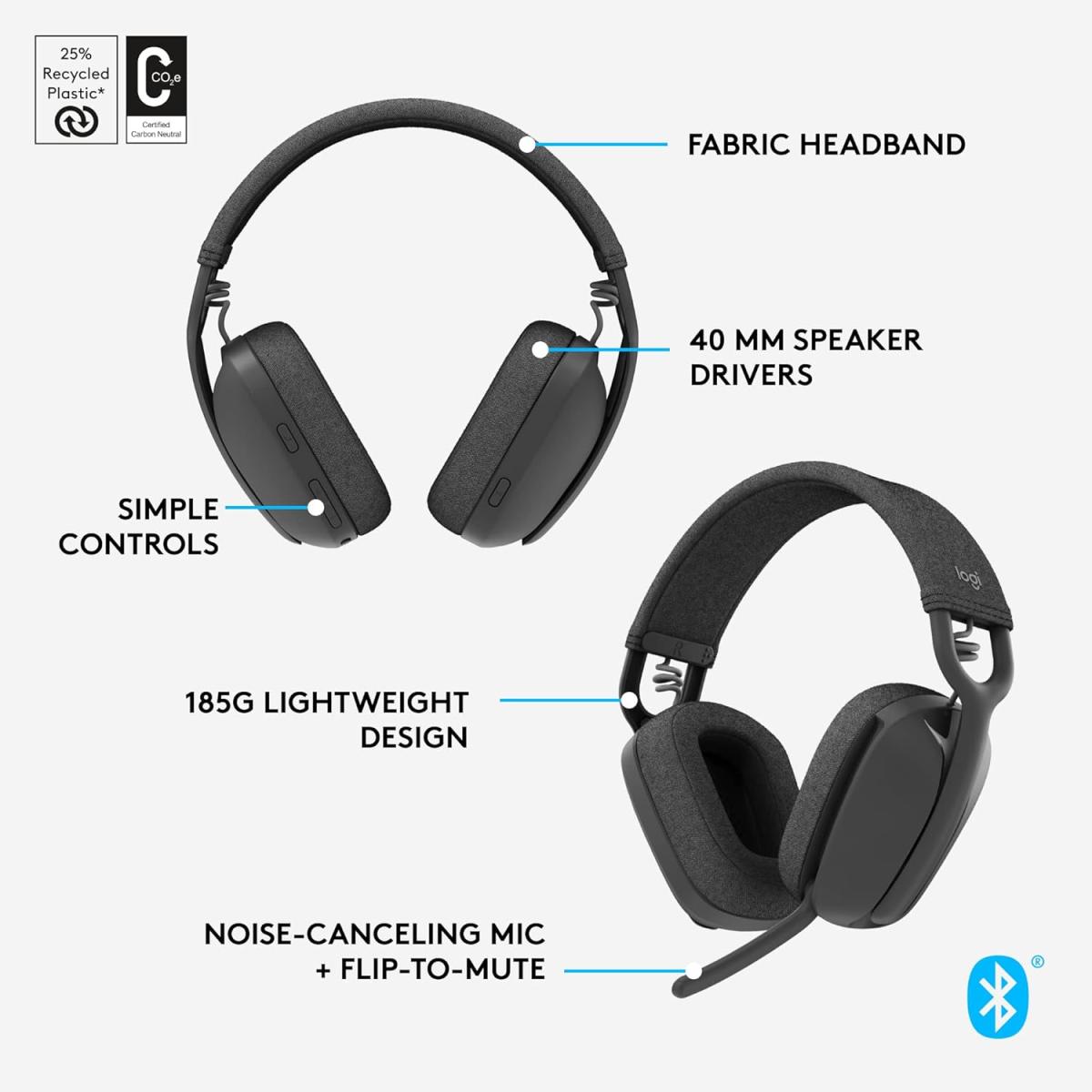 Logitech Zone Vibe 100 Wireless (Bluetooth 5.2) Over-Ear Lightweight Professional Headset, Dual Omni-Directional Noise Canceling Microphones, USB-C Charging, For Win, macOS, iOS, Android  - Graphite