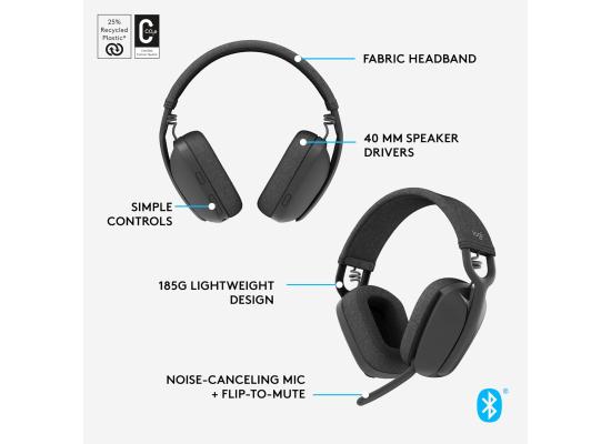 Logitech Zone Vibe 100 Wireless (Bluetooth 5.2) Over-Ear Lightweight Professional Headset, Dual Omni-Directional Noise Canceling Microphones, USB-C Charging, For Win, macOS, iOS, Android  - Graphite