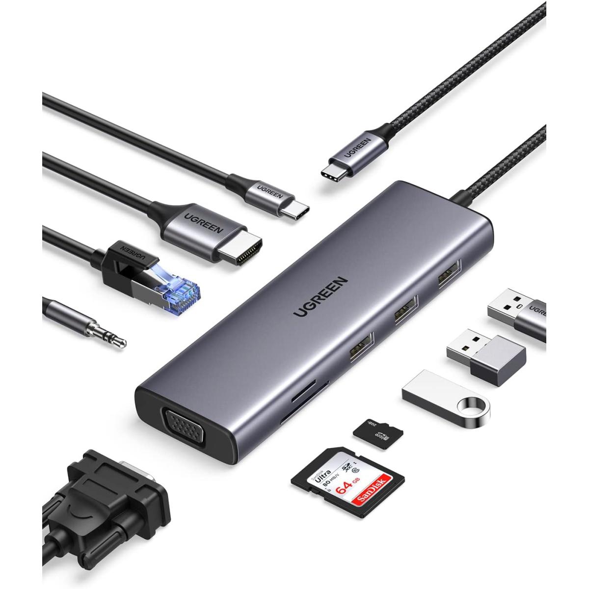 UGREEN USB-C Hub, 10-in-1, Input (1*USB-C),Output(1*HDMI,1*VGA,3*USB-A,1*RJ45.1*SD Card Slot ,1*TF Card Slot,1* 3.5mm Audio),Video(HDMI,VGA),USB(USB-A),PS(USB-B),Ethernet (RJ45),Card Reader (SD/TF Card Slot),100W Power,CM498/15601