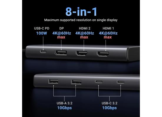 UGREEN USB-C Hub,Revodok 8-in-1,Plug And Play, Input (1 XUSB-C) , Output(2 HDMI,1 Display Port ,2 USB A&C 3.2 Ports ), Video (HDMI 1 ,HDMI 2,DP Up To 4K@60Hz) USB (USB-C ,USB-A ),Charging (USB-C Supports PD 3.0 , 100W),CM639/35625