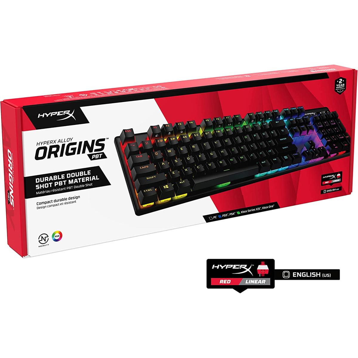 HyperX Alloy Origins PBT Mechanical Gaming Keyboard, Macro Customization, Full Sized KeyBoard, RGB LED Backlit - Linear HyperX Red Switch (English & Russian Layout)