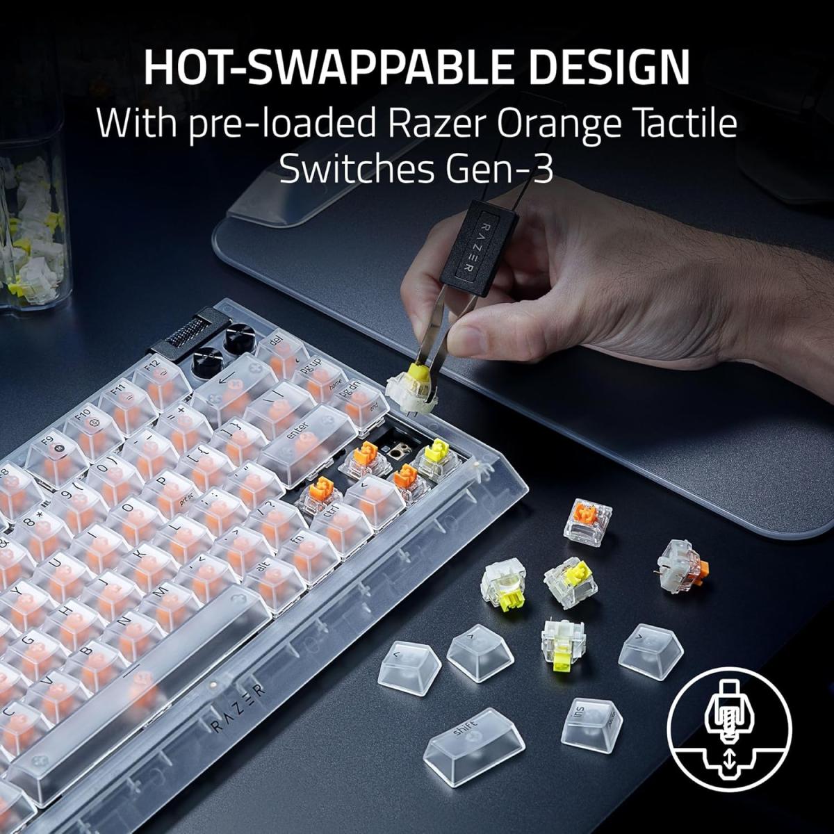 Razer BlackWidow V4 75% Phantom White - Hot-swappable mechanical gaming keyboard - Orange Tactile Switches - Media roller with 2 dedicated media keys - RGB - US Layout Phantom White Edition