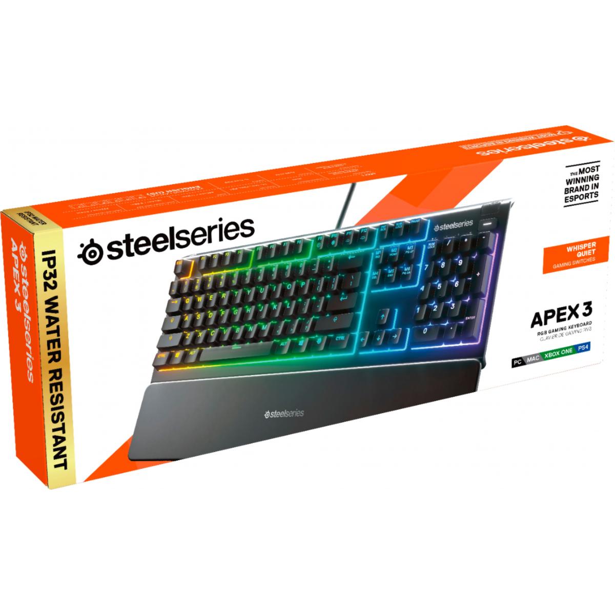 SteelSeries APEX 3 ,Water resistant, RGB 10-Zone - Whisper Quiet Gaming Switch (Membrane) KeyBoard