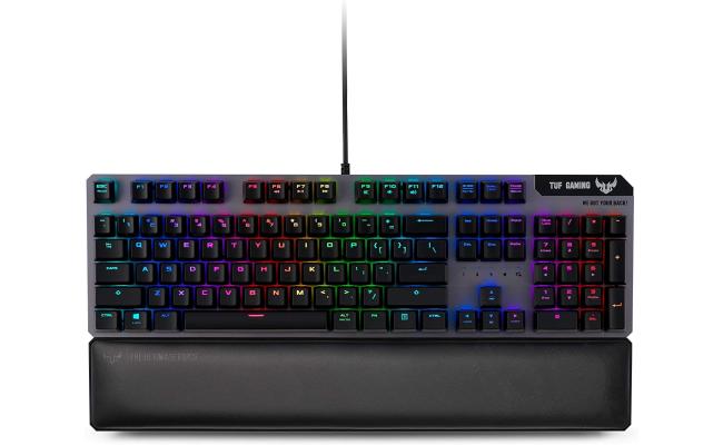 ASUS TUF Gaming K7 Optical RGB-Mech Keyboard with IP56 resistance to dust and water, aircraft-grade aluminum, Magnetic Wrist Rest, Gun-metal grey, linear (Non Audible Click) 25X Faster