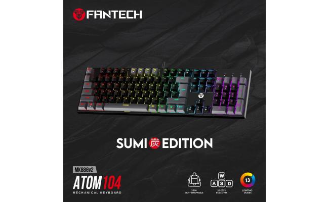 Fantech Atom104 Mk886 V2 (Full Size) RGB Wired Mechanical Gaming Keyboard, 3 Pin Hot-Swappable Switches, 25 Anti-Ghosting Keys - Sumi Edition Black/Red Switch