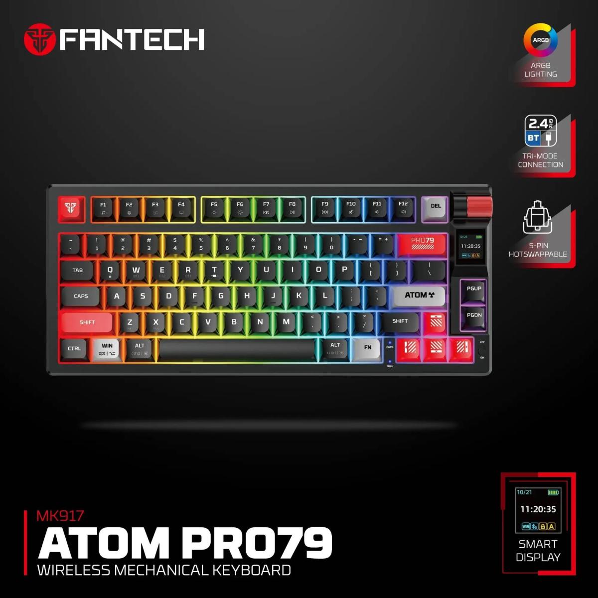 Fantech Atom Pro79 MK917 TRI-Mode Connection (Wireless 2.4GHz, BT 5.0, Wired) 79 Keys (TKL 75% Size) RGB Mechanical Gaming Keyboard, Hot Swappable w/ Smart LCD For Win & Mac - Black/Red Switch