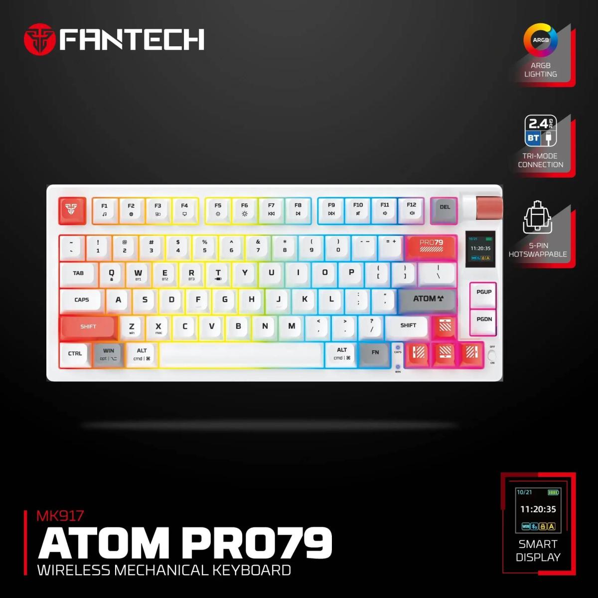 Fantech Atom Pro79 MK917 TRI-Mode Connection (Wireless 2.4GHz, BT 5.0, Wired) 79 Keys (TKL 75% Size) RGB Mechanical Gaming Keyboard, Hot Swappable w/ Smart LCD For Win & Mac -White/Red Switch