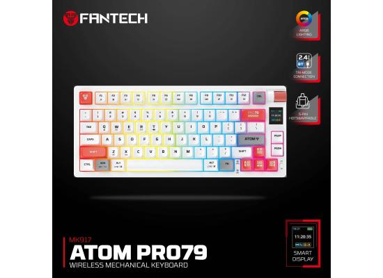 Fantech Atom Pro79 MK917 TRI-Mode Connection (Wireless 2.4GHz, BT 5.0, Wired) 79 Keys (TKL 75% Size) RGB Mechanical Gaming Keyboard, Hot Swappable w/ Smart LCD For Win & Mac -White/Red Switch