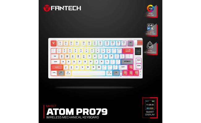Fantech Atom Pro79 MK917 TRI-Mode Connection (Wireless 2.4GHz, BT 5.0, Wired) 79 Keys (TKL 75% Size) RGB Mechanical Gaming Keyboard, Hot Swappable w/ Smart LCD For Win & Mac -White/Red Switch