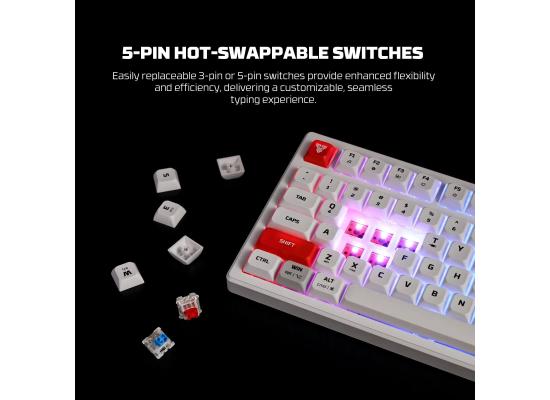 Fantech Atom Pro79 MK917 TRI-Mode Connection (Wireless 2.4GHz, BT 5.0, Wired) 79 Keys (TKL 75% Size) RGB Mechanical Gaming Keyboard, Hot Swappable w/ Smart LCD For Win & Mac -White/Red Switch