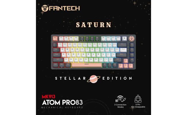 Fantech Atom Pro83 Mk913 TRI-Mode Connection (Wireless 2.4GHz, BT 5.0, Wired) 83 Keys (TKL 75% Size) RGB 3 Colors Combination Mechanical Gaming Keyboard, Anti-Ghosting Full Keys, Volume Knob - Stellar Edition Saturn/Red Switch