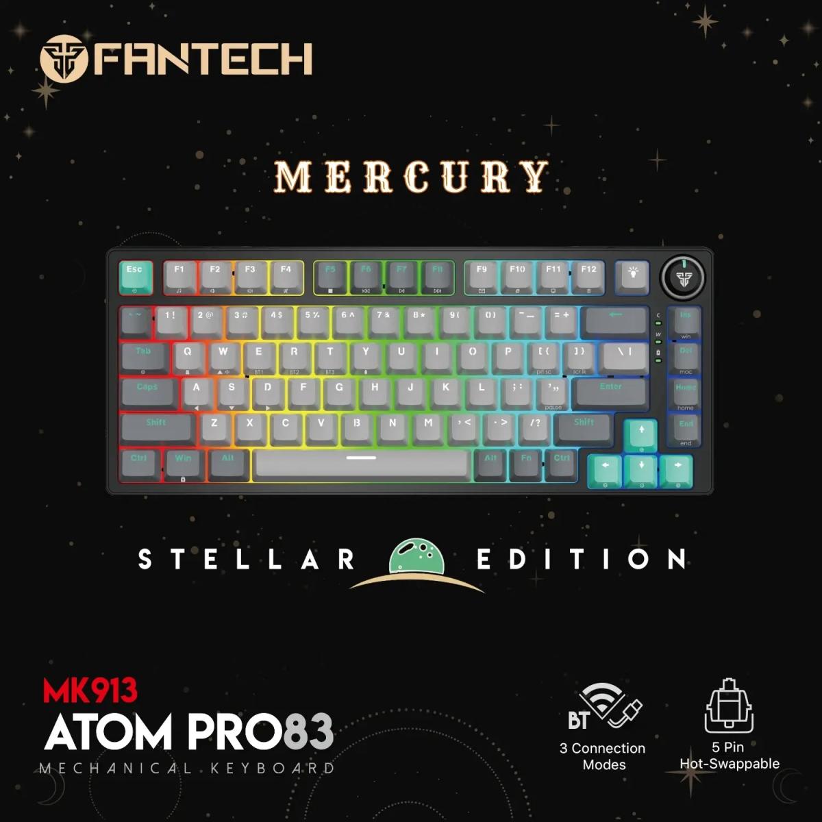 Fantech Atom Pro83 Mk913 TRI-Mode Connection (Wireless 2.4GHz, BT 5.0, Wired) 83 Keys (TKL 75% Size) RGB 3 Colors Combination Mechanical Gaming Keyboard, Anti-Ghosting Full Keys, Volume Knob - Stellar Edition Mercury/Blue Switch
