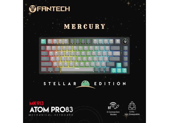 Fantech Atom Pro83 Mk913 TRI-Mode Connection (Wireless 2.4GHz, BT 5.0, Wired) 83 Keys (TKL 75% Size) RGB 3 Colors Combination Mechanical Gaming Keyboard, Anti-Ghosting Full Keys, Volume Knob - Stellar Edition Mercury/Red Switch