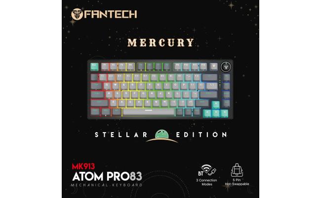 Fantech Atom Pro83 Mk913 TRI-Mode Connection (Wireless 2.4GHz, BT 5.0, Wired) 83 Keys (TKL 75% Size) RGB 3 Colors Combination Mechanical Gaming Keyboard, Anti-Ghosting Full Keys, Volume Knob - Stellar Edition Mercury/Red Switch