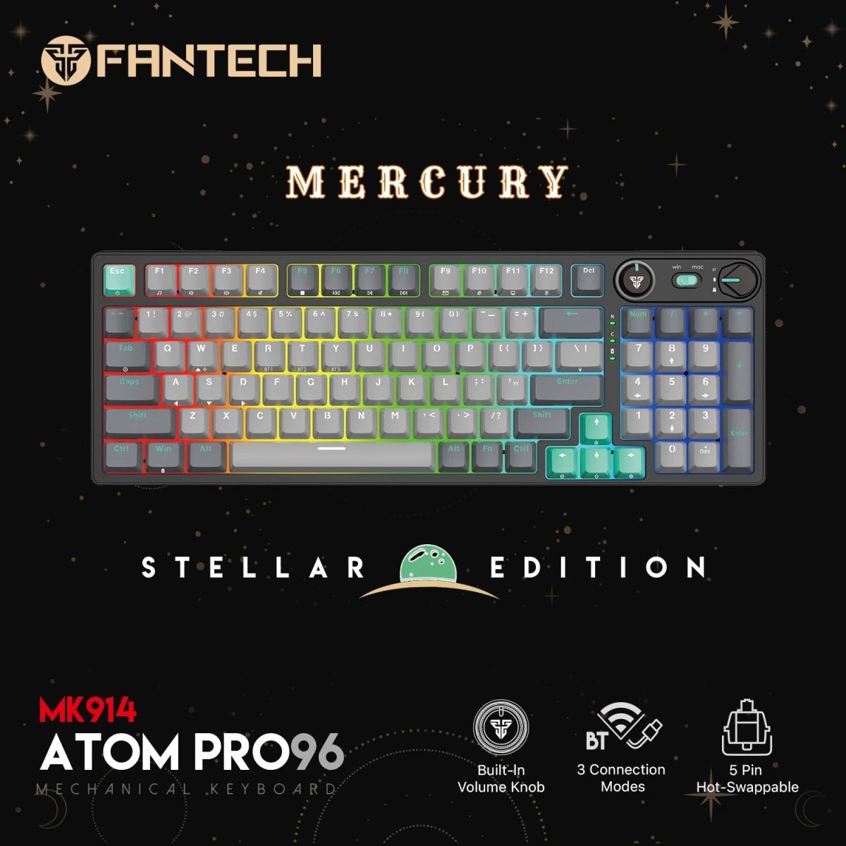 Fantech Atom Pro96 Mk914 TRI-Mode Connection (Wireless 2.4GHz, BT 5.0, Wired) 83 Keys (Full Size) RGB 3 Colors Combination Mechanical Gaming Keyboard, Anti-Ghosting Full Keys, Volume Knob - Stellar Edition Mercury/Blue Switch
