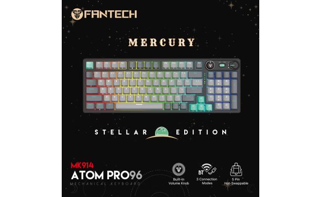 Fantech Atom Pro96 Mk914 TRI-Mode Connection (Wireless 2.4GHz, BT 5.0, Wired) 83 Keys (Full Size) RGB 3 Colors Combination Mechanical Gaming Keyboard, Anti-Ghosting Full Keys, Volume Knob - Stellar Edition Mercury/Blue Switch