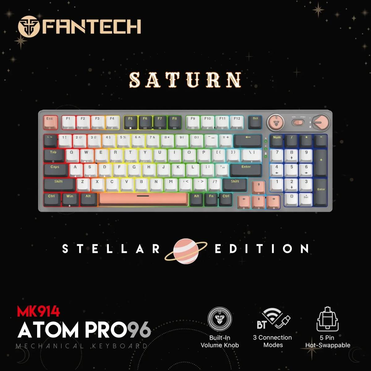 Fantech Atom Pro96 Mk914 TRI-Mode Connection (Wireless 2.4GHz, BT 5.0, Wired) 83 Keys (Full Size) RGB 3 Colors Combination Mechanical Gaming Keyboard, Anti-Ghosting Full Keys, Volume Knob - Stellar Edition Saturn/Red Switch
