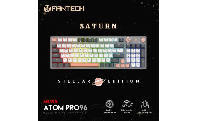 Fantech Atom Pro96 Mk914 TRI-Mode Connection (Wireless 2.4GHz, BT 5.0, Wired) 83 Keys (Full Size) RGB 3 Colors Combination Mechanical Gaming Keyboard, Anti-Ghosting Full Keys, Volume Knob - Stellar Edition Saturn/Red Switch