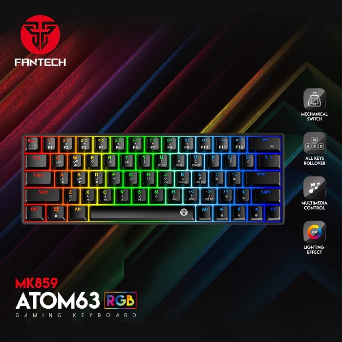 FANTECH ATOM63 MK859 WIRED RGB 60% Modular Mechanical Gaming Keyboard, Detachable Type-C, Red Switch-Black (عربي)