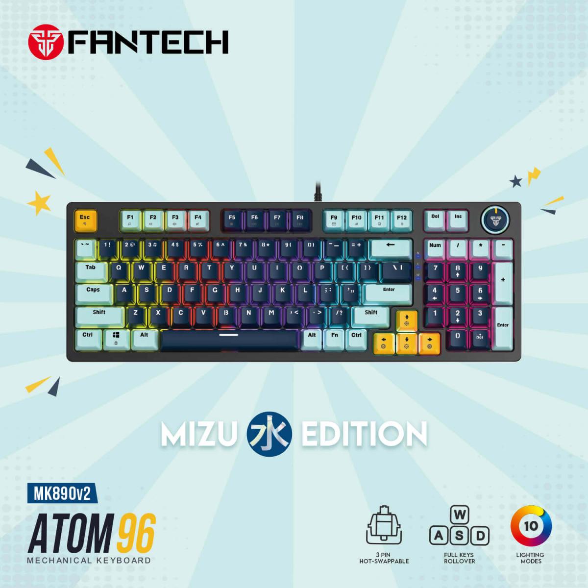 Fantech Atom96 MK890 V2 RGB (Full Size) 3 Colors Combination Wired Mechanical Gaming Keyboard Mizu Edition, Anti-Ghosting Full Keys, 3 Pin Hot-Swappable Switches, Volume Knob - Navy Blue/Red Switch