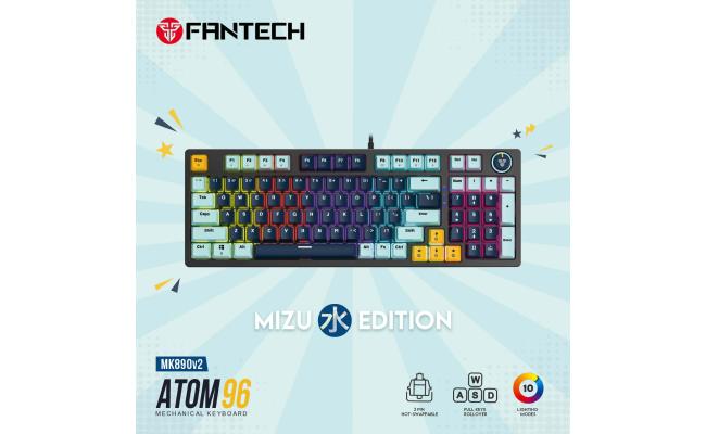 Fantech Atom96 MK890 V2 RGB (Full Size) 3 Colors Combination Wired Mechanical Gaming Keyboard Mizu Edition, Anti-Ghosting Full Keys, 3 Pin Hot-Swappable Switches, Volume Knob - Navy Blue/Red Switch