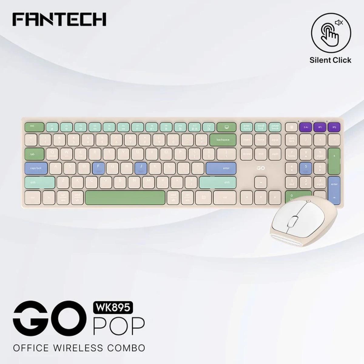 Fantech GO POP WK895 Kit Office Combo 2in1 Wireless Dual Mode (2.4GHz & BT), Silent Switches & Multimedia Function Keys (Beige) For Mac & Win