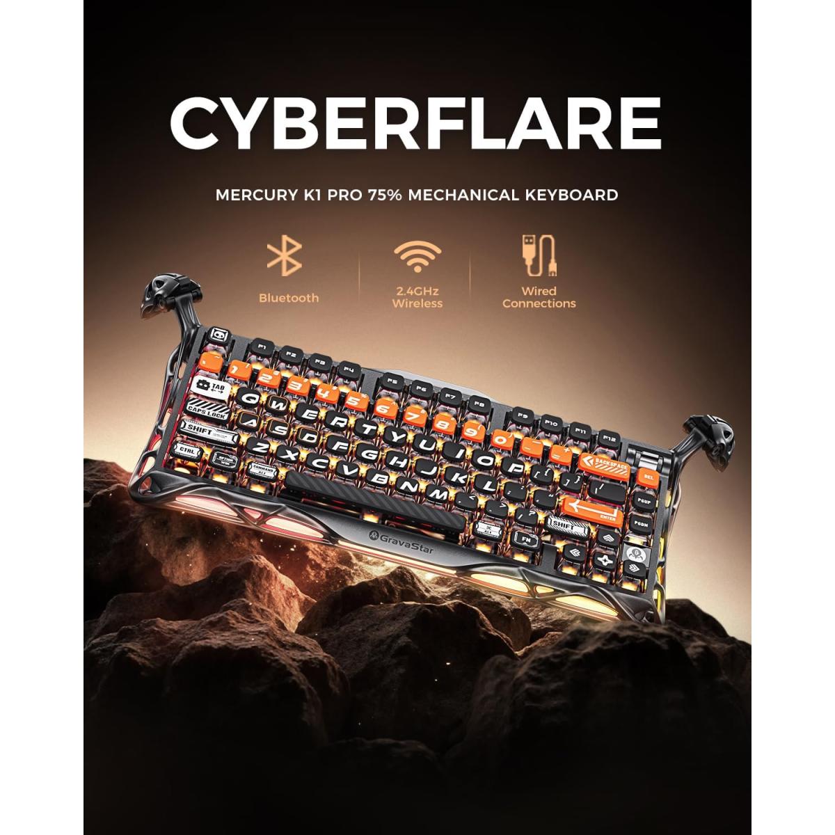 GravaStar Mercury K1 Pro Wireless Mechanical Gaming Keyboard, 75% Layout RGB Custom Keyboard, Aluminum Alloy Matte Black Frame with Phoenix-Inspired Keycaps, Hot-Swappable Linear Switches – CyberFlare