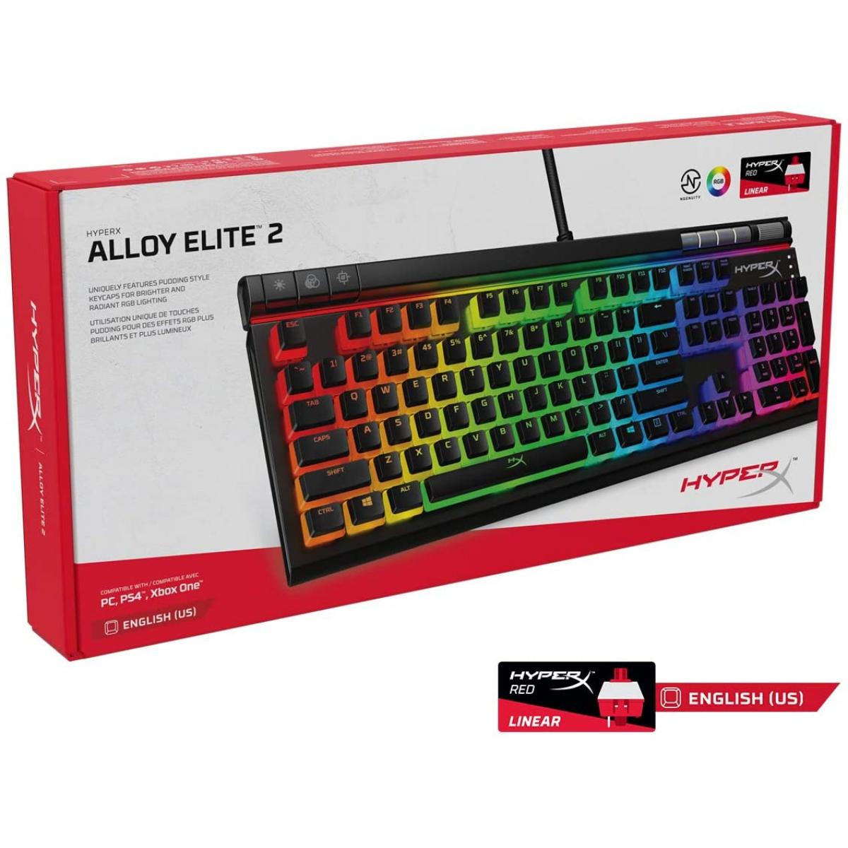 HyperX Alloy Elite 2 Mechanical Gaming Keyboard, Macro Customization, ABS Pudding Keycaps, Media Controls, RGB LED Backlit, Linear Red Switch