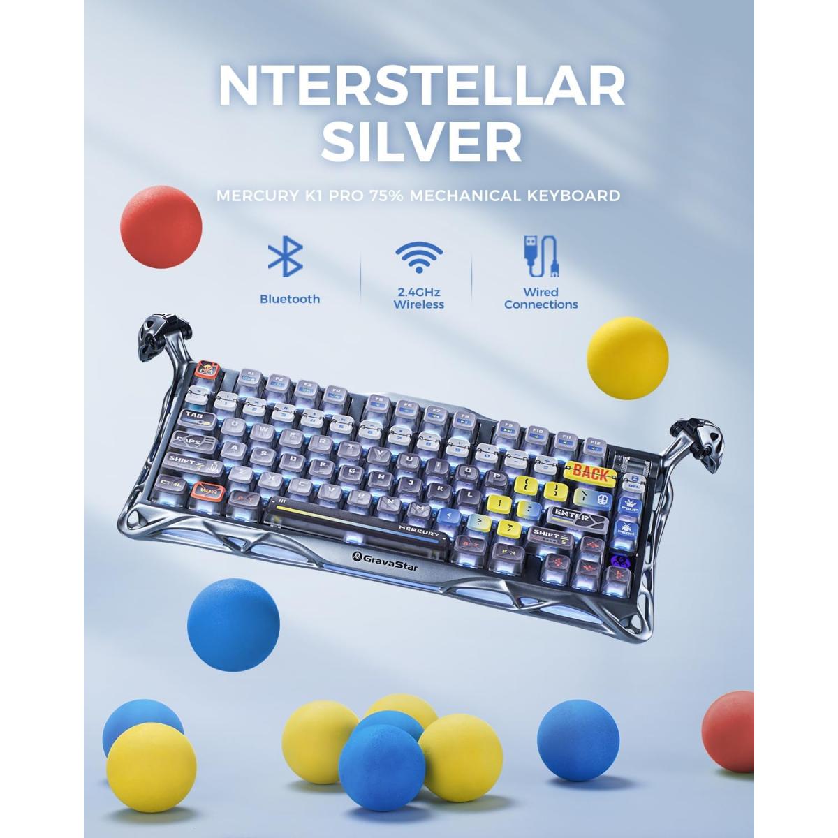 GravaStar Mercury K1 Pro Wireless Mechanical Gaming Keyboard, 75% Layout RGB Custom Keyboard, Hot-Swappable Linear Switches – Aluminum Alloy, Interstellar Silver Brushed Metal Look