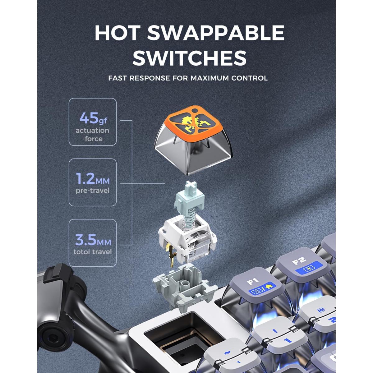 GravaStar Mercury K1 Pro Wireless Mechanical Gaming Keyboard, 75% Layout RGB Custom Keyboard, Hot-Swappable Linear Switches – Aluminum Alloy, Interstellar Silver Brushed Metal Look