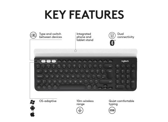 Logitech K780 Multi-Device Wireless (Bluetooth + 2.4GHz USB) Compact Keyboard Up To 18 months 2Battery life-For PC, Mac, Phone, Tablet (عربي)