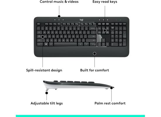 Logitech MK540 Advanced Wireless Keyboard & Mouse Combo 2in1 (2.4GHz), Sleek & Comfortable Spill-Resistant Design, Full-Size Keyboard w/ Programmable Keys & Palm Rest, Optical Mouse - PC/Laptop  (عربي)