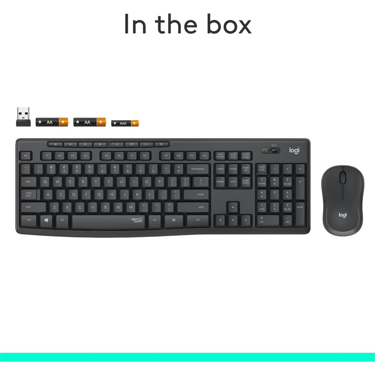 Logitech MK295 Silent Wireless Combo Keyboard & Mouse 2in1 (2.4GHz), Full Size Design Keyboard & Optical Mouse, SilentTouch Technology - For Windows (عربي)