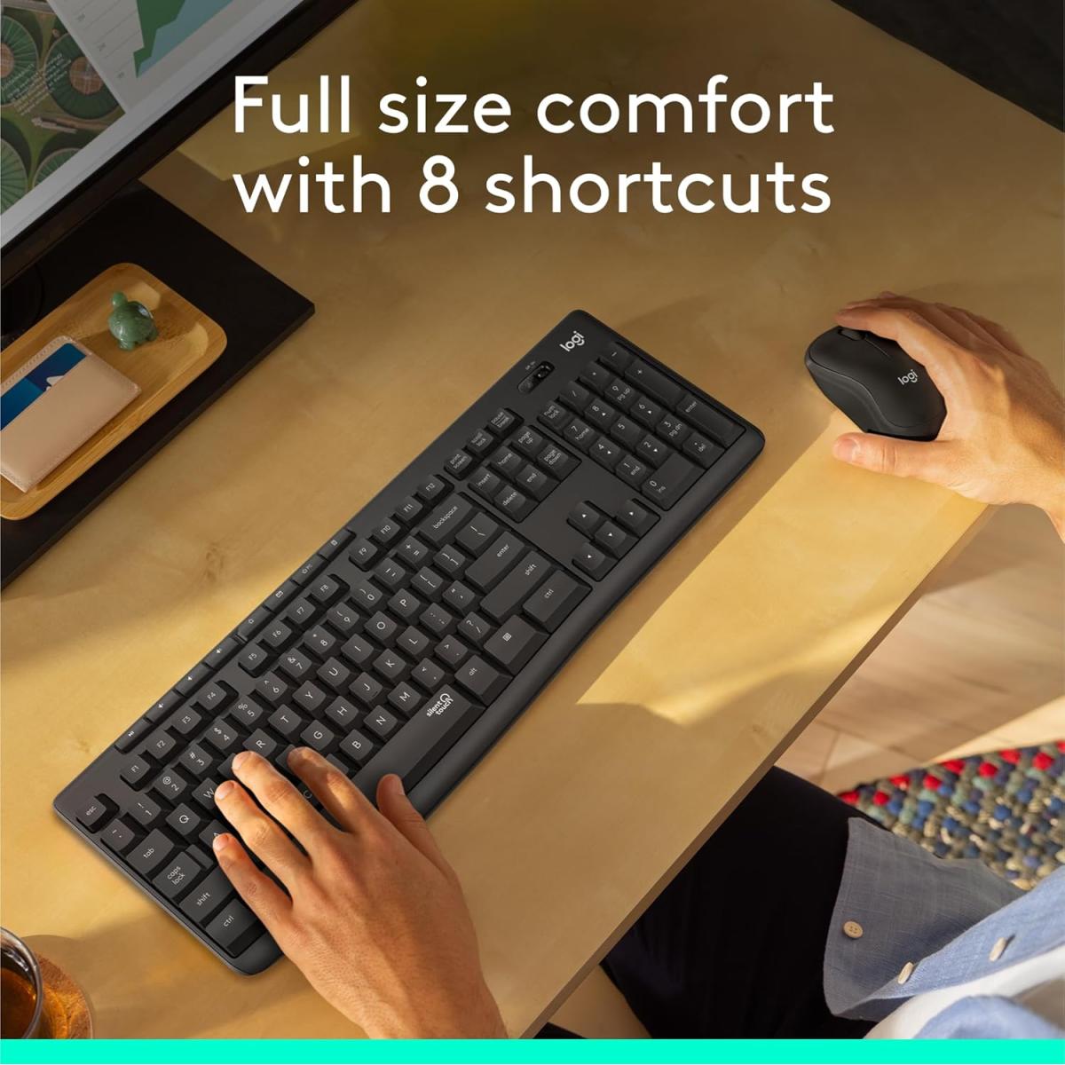 Logitech MK295 Silent Wireless Combo Keyboard & Mouse 2in1 (2.4GHz), Full Size Design Keyboard & Optical Mouse, SilentTouch Technology - For Windows (عربي)