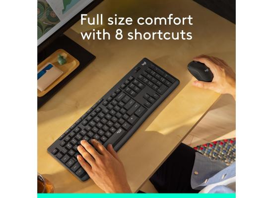 Logitech MK295 Silent Wireless Combo Keyboard & Mouse 2in1 (2.4GHz), Full Size Design Keyboard & Optical Mouse, SilentTouch Technology - For Windows (عربي)