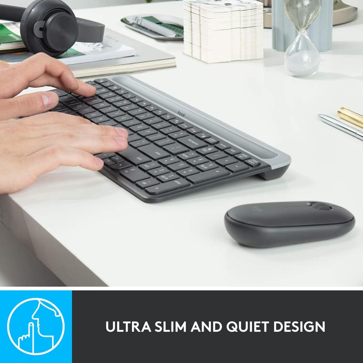 Logitech MK470 Slim Wireless Combo Keyboard & Mouse 2in1 (2.4GHz), Ultra Thin Design & Compact Keyboard , 1000 DPI Mouse - For Windows (عربي)