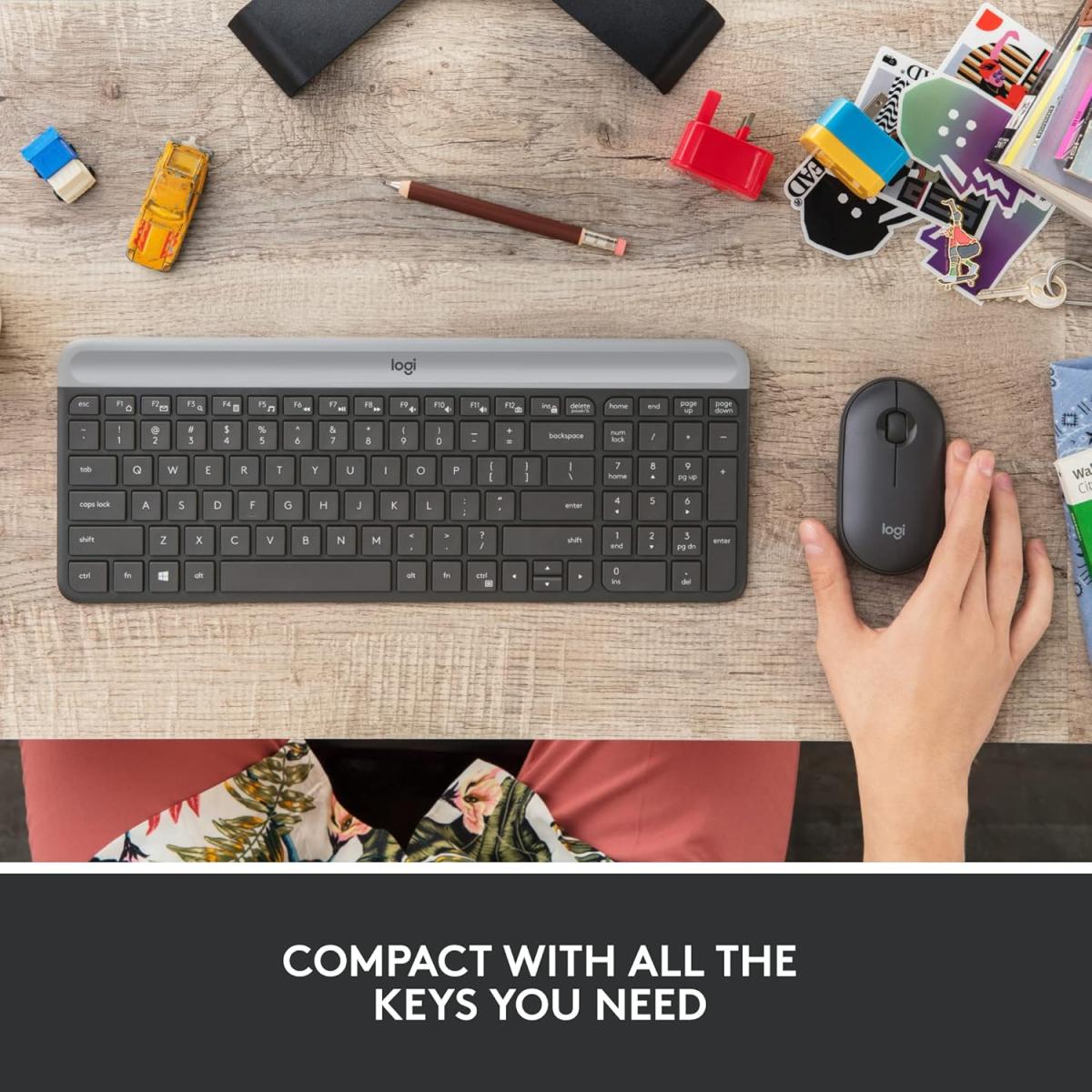 Logitech MK470 Slim Wireless Combo Keyboard & Mouse 2in1 (2.4GHz), Ultra Thin Design & Compact Keyboard , 1000 DPI Mouse - For Windows (عربي)