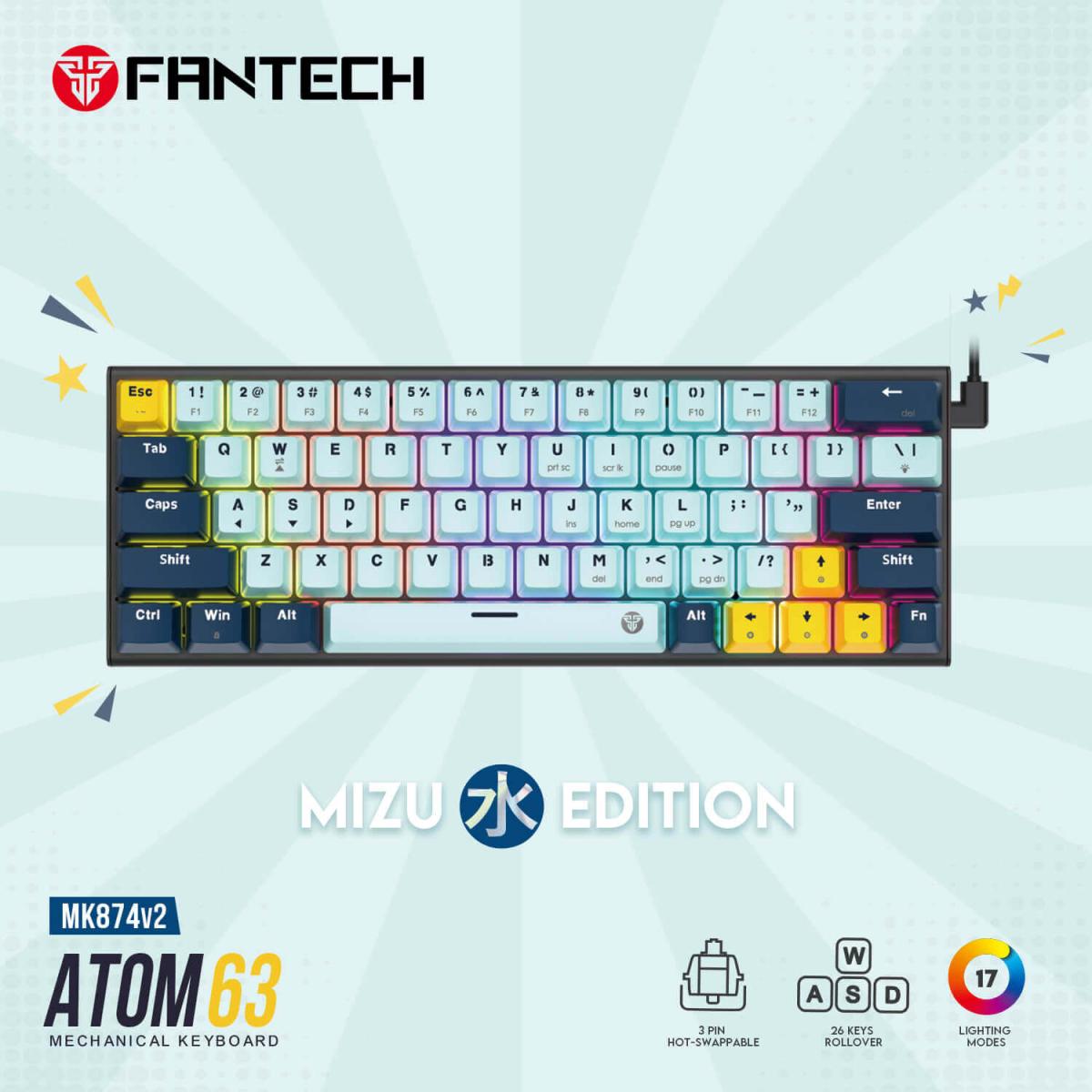 Fantech Mk874 V2 Atom63 (60% Size) RGB Wired 3 Colors Combination Mechanical Gaming Keyboard Mizu Edition, 3 Pin Hot-Swappable Switches, 26 Anti-Ghosting Keys - Sky Blue/Blue Switch