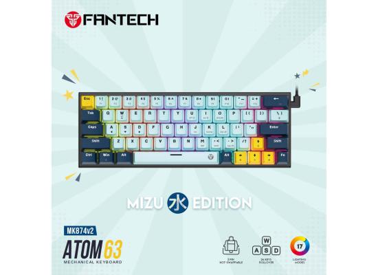 Fantech Mk874 V2 Atom63 (60% Size) RGB Wired 3 Colors Combination Mechanical Gaming Keyboard Mizu Edition, 3 Pin Hot-Swappable Switches, 26 Anti-Ghosting Keys - Sky Blue/Blue Switch