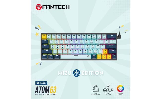 Fantech Mk874 V2 Atom63 (60% Size) RGB Wired 3 Colors Combination Mechanical Gaming Keyboard Mizu Edition, 3 Pin Hot-Swappable Switches, 26 Anti-Ghosting Keys - Sky Blue/Red Switch