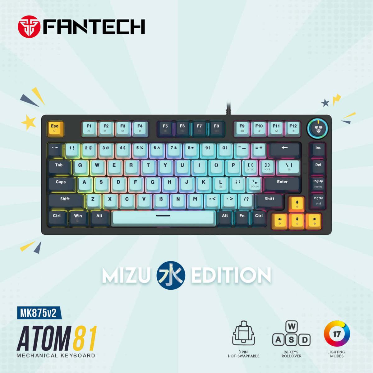 Fantech Mk875 V2 Atom81 (TKL 75% Size) RGB Wired 3 Colors Combination Mechanical Gaming Keyboard Mizu Edition, 3 Pin Hot-Swappable Switches, 26 Anti-Ghosting Keys, Multimedia Knob - Sky Blue/Red Switch