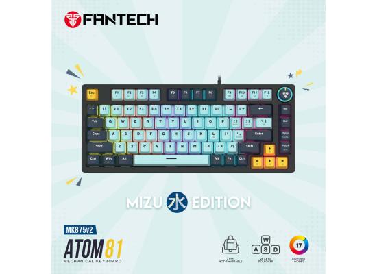 Fantech Mk875 V2 Atom81 (TKL 75% Size) RGB Wired 3 Colors Combination Mechanical Gaming Keyboard Mizu Edition, 3 Pin Hot-Swappable Switches, 26 Anti-Ghosting Keys, Multimedia Knob - Sky Blue/Blue Switch