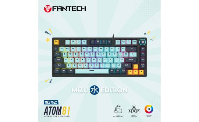 Fantech Mk875 V2 Atom81 (TKL 75% Size) RGB Wired 3 Colors Combination Mechanical Gaming Keyboard Mizu Edition, 3 Pin Hot-Swappable Switches, 26 Anti-Ghosting Keys, Multimedia Knob - Sky Blue/Blue Switch