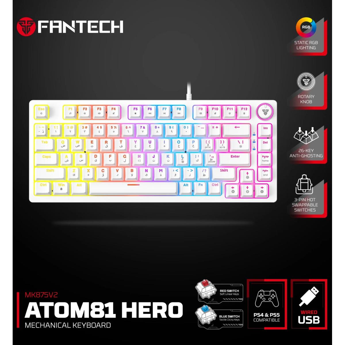 Fantech Hero MK875 V2 RGB Gaming Keyboard, (White/Red Switch), Hot-Swappable For PS5 - PS4 - PC Compatible, 17 Lighting Modes (عربي)