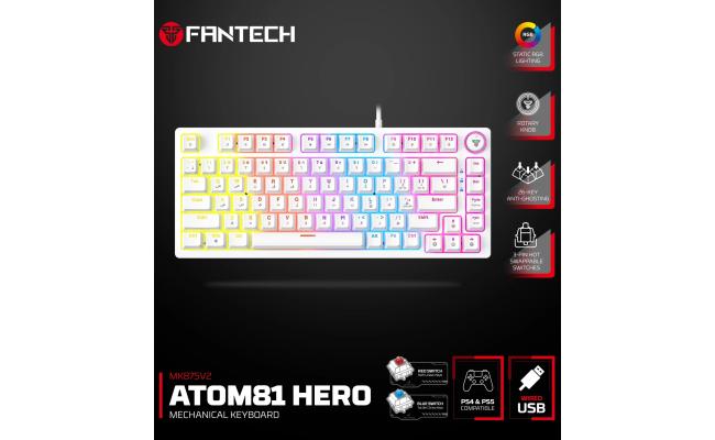 Fantech Hero MK875V2 RGB Gaming Keyboard, (White/Red Switch), Hot-Swappable For PS5 - PS4 - PC Compatible, 17 Lighting Modes (عربي)
