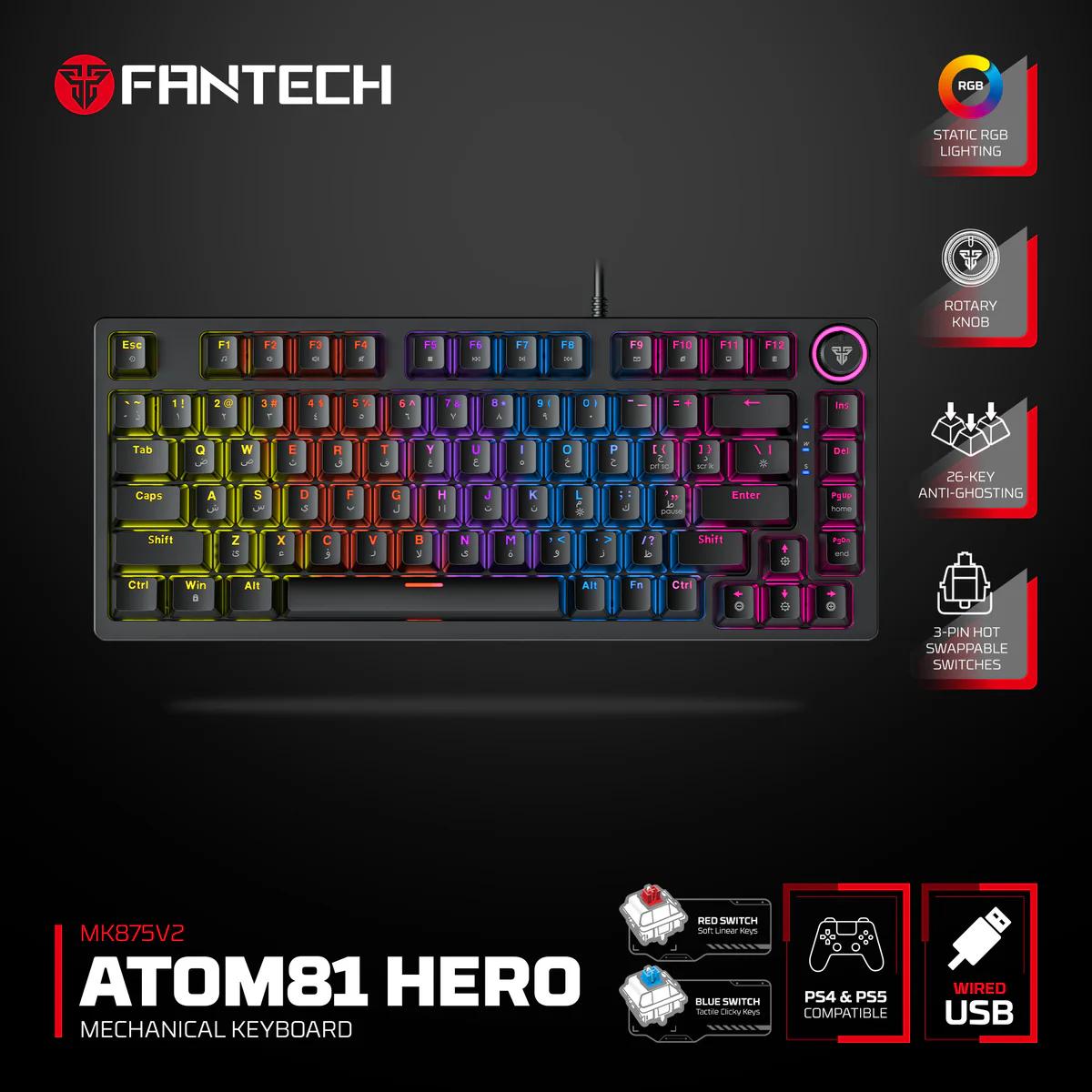 Fantech Hero MK875 V2 RGB Gaming Keyboard, (Black/Red Switch), Hot-Swappable For PS5 - PS4 - PC Compatible, 17 Lighting Modes (عربي)