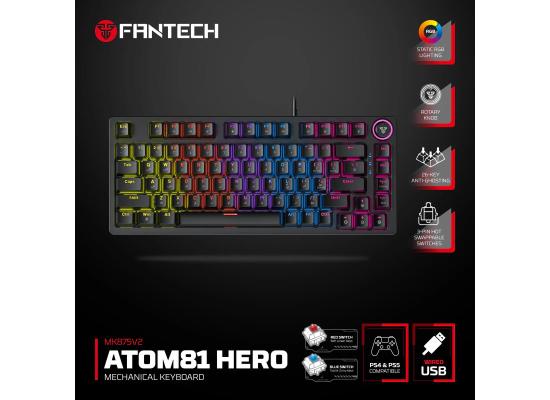 Fantech Hero MK875V2 RGB Gaming Keyboard, (Black/Red Switch), Hot-Swappable For PS5 - PS4 - PC Compatible, 17 Lighting Modes (عربي)