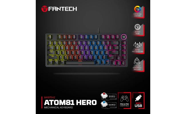Fantech Hero MK875V2 RGB Gaming Keyboard, (Black/Red Switch), Hot-Swappable For PS5 - PS4 - PC Compatible, 17 Lighting Modes (عربي)