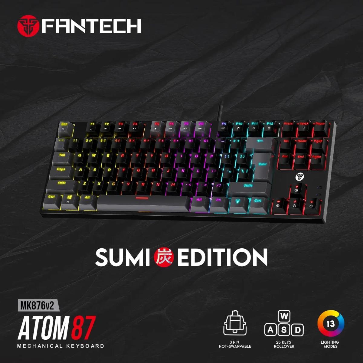 Fantech MK876 V2 Atom87 (TKL 75% Size) RGB Wired 2 Colors Combination Mechanical Gaming Keyboard Sumi Edition, 3 Pin Hot-Swappable Switches, 25 Anti-Ghosting Keys - Black/Blue Switch